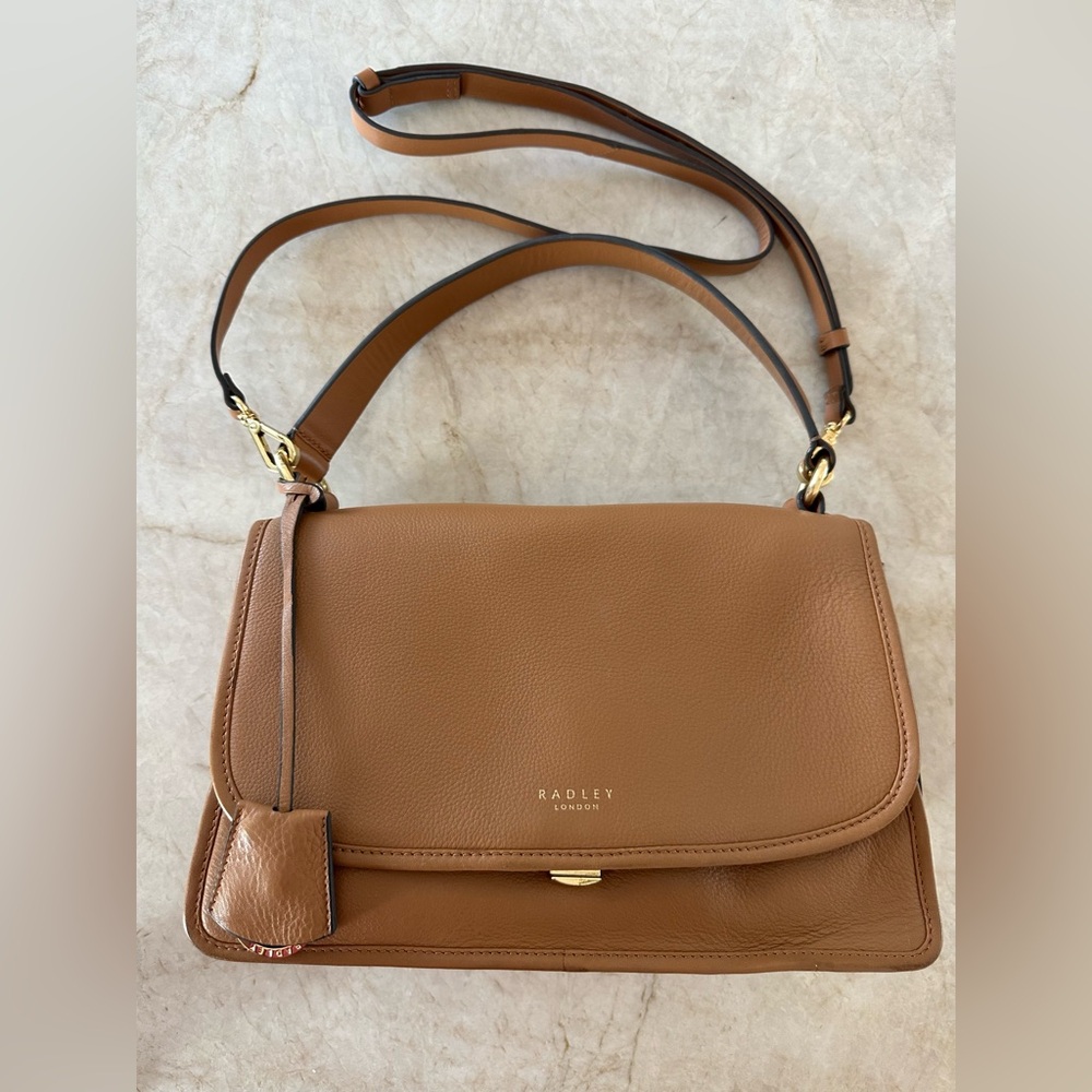 Radley London satchel purse. Tan/caramel color. Removable shoulder strap.